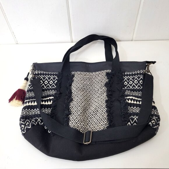 Mossimo Supply Co. Black & White Woven Boho Tote Bag With Fringe & Tassel Detail - Picture 3 of 7